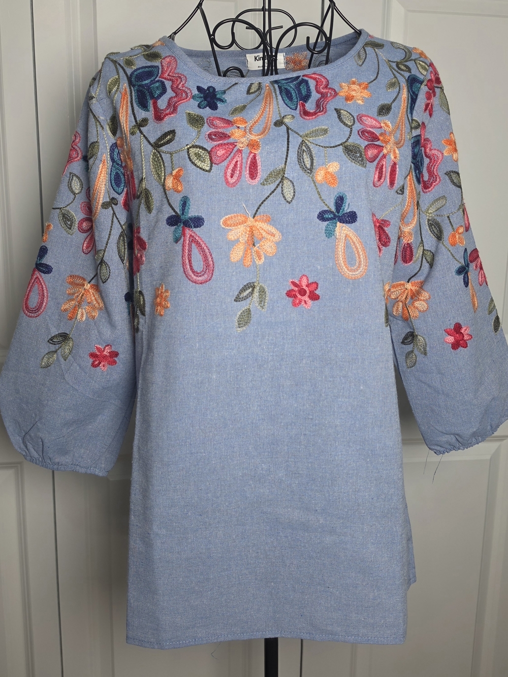 Kindred S Blue Embroidered Floral Boho Top Puff Sleeve Linen Look Blouse